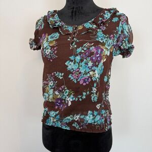 At Last Sheer Floral Top Womens Small Brown Blue Smocked Waist Boho Fairy Grunge